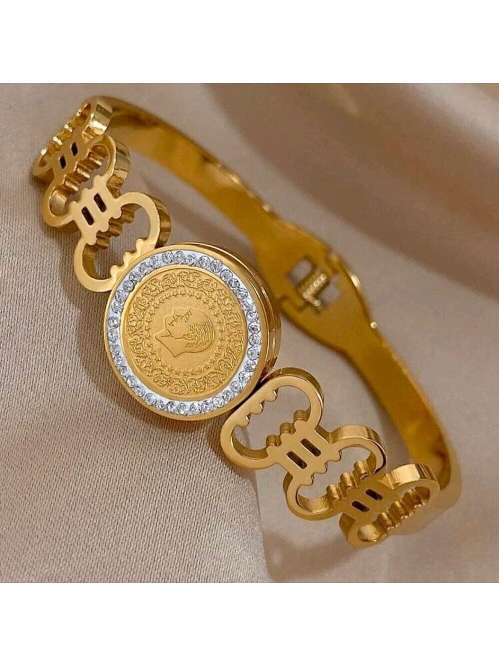 Elegant 18k Gold Plated Bangle Bracelet with Coin Design, Zircon Inlay